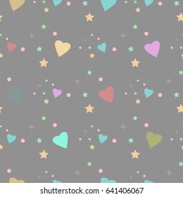 Seamless pattern with tiny hearts and dots in summer colors. Vector repeating texture.