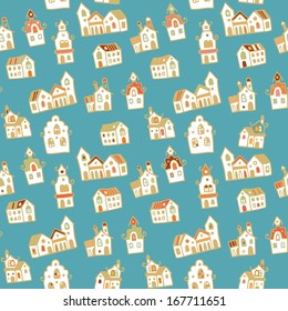 Seamless pattern with tiny houses