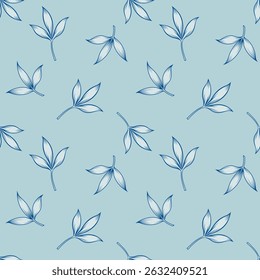 Seamless pattern with tiny leaves on light blue background. Hand drawn vintage foliage wallpaper.