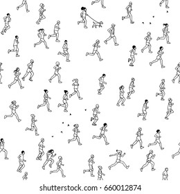 Seamless pattern of tiny marathon runners: a diverse collection of small hand drawn men and women running from left to right