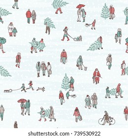 Seamless pattern of tiny pedestrians walking in winter through the city: small people wearing warm winter coats and carrying Christmas trees