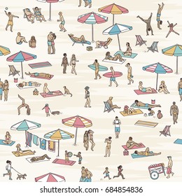 Seamless pattern of tiny people at the beach: a diverse collection of small hand drawn men, women and children playing, walking and sunbathing at the beach