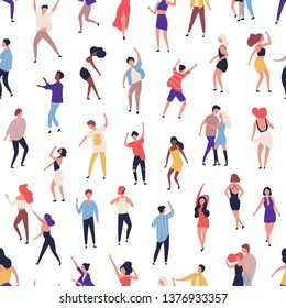 Seamless pattern with tiny people dancing on dance floor at night club on white background. Backdrop with happy of men and women having fun at party. Flat vector illustration for wrapping paper.