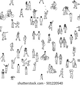 Seamless pattern of tiny people: pedestrians in the street, a diverse collection of small hand drawn men and women walking through the city