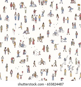 Seamless pattern of tiny people: pedestrians in the street, a diverse collection of small hand drawn men and women walking through the city