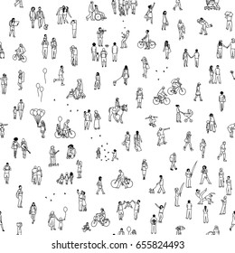 Seamless pattern of tiny people: pedestrians in the street, a diverse collection of small hand drawn men and women walking through the city