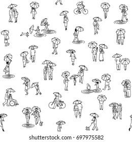 Seamless pattern of tiny people with umbrellas: pedestrians in the street, a diverse collection of small hand drawn men, women and kids walking through the rain