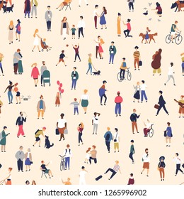 Seamless pattern with tiny people walking on street. Backdrop with men, women and children performing outdoor activity. Colorful vector illustration in flat cartoon style for wallpaper, fabric print.