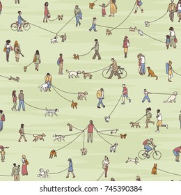 Seamless pattern with tiny people walking their dogs