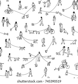 Seamless pattern with tiny people walking their dogs, black and white outline ink illustration