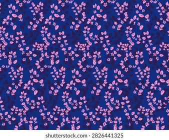 Seamless pattern with tiny pink blossoms and dark foliage on a deep blue background. Perfect for fabric, wallpaper, wrapping paper, stationery, apparel and elegant decor