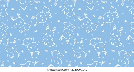 Seamless pattern with tiny sad bunnies and snowflakes isolated on blue. Simple vector illustration. Cute rabbit. Winter, New Year theme. Symbol of the 2023, 2035 years. For card, fabric, textile, wrap