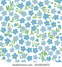 Seamless pattern of tiny stylized doodle light blue flowers forget-me-nots on white background