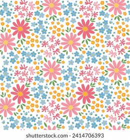 Seamless pattern of tiny stylized doodle flowers on white background. Vector hand drawn illustration