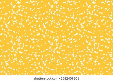 Seamless pattern of tiny white floral dots, small spots, little drops scattered across a yellow background. This playful, minimalist design  for print, textiles, gift wrap, wallpapers, stationery