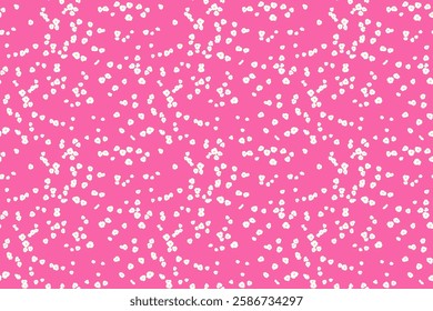 Seamless pattern of tiny white floral dots, small spots, little drops scattered across a pink background. This playful, minimalist design for print, textiles, gift wrap, wallpapers, stationery