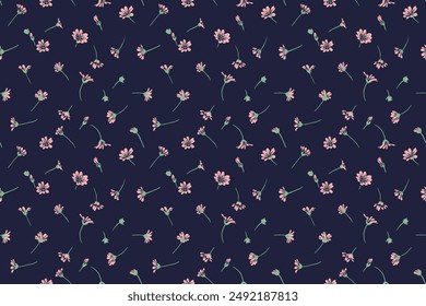 Seamless pattern with tiny wild flowers and small buds. Abstract artistic floral simple print on a black background. Vector hand drawing sketch. Design for fashion, fabric, wallpaper, textiles,.