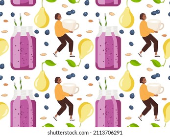 Seamless pattern with Tiny woman coopking Blueberry pear smoothie. Blueberry smoothie cup with ingredients. Glass cup. Repeated paper for wallpaper, textile, wrapping, packaging.