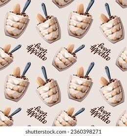 Seamless pattern with tiramisu in a glass cup. Italian dessert, sweet food, bakery, cooking, recipes, restaurant menu concept. Vector illustration.