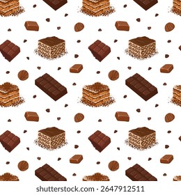Seamless pattern with tiramisu slices, chocolate bars and candy. Hand drawn vector sweets background for dessert packaging, textile print, wrapping design, menu visual and cafe branding