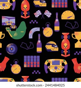Seamless pattern. Tire, car, helmet, f1 simulator, wheel, lights out. Speed racing tournament. Championship. Motorsport concept. Vector modern Illustration isolated on background