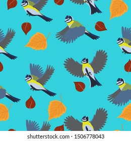 Seamless pattern with titmouse and autumn leaves.