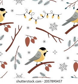 Seamless pattern with titmouse bird, branches, snowflake, cone and garland on a white background. Botanical winter vector illustration in aestethic hand drawn style