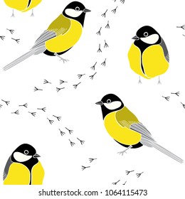 Seamless pattern with tits and traces on a white background. Vector illustration.