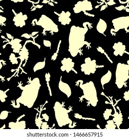  seamless pattern of toads and flowers, branches, leaves of the apple tree. Hand drawing. vector illustration eps 10