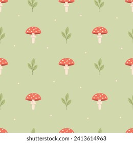 Seamless pattern with toadstool and sprout. Design for fabric, textile, wrapping paper. Vector illustration in flat style
