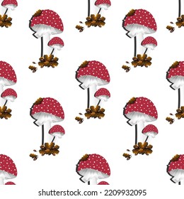 Seamless pattern with toadstools, oak leaves and acorns on white background. Fly agarics with red cap and white skirt in autumn leaves. Print for wallpaper.