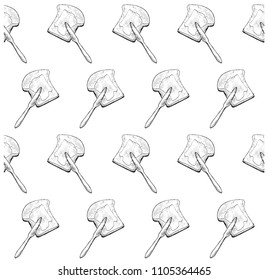 Seamless pattern toast with butter and knife. Ink hand drawn monochrome sketch stock vector illustration, design element for web, for print