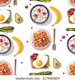 Seamless pattern with Toast with scrambled eggs, waffles, corn rings, asparagus, avocado. Healthy eating, nutrition, natural food, breakfast, cooking concept.