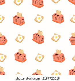 Seamless pattern with toaster and toast. Toast with frie egg. Background for tasty breakfast, food design and kitchen concept. Cartoon flat vector illustration