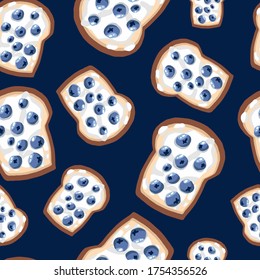 Seamless pattern of toasts on a blue background. Healthy, organic food, breakfast, lunch, dinner. Blueberries and yogurt. Stock vector illustration.