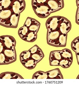 Seamless pattern of toasts on an isolated white background. Healthy, organic food, breakfast, lunch, dinner. Banana and chocolate. Stock vector illustration.