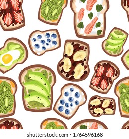 Seamless pattern of toasts on an isolated white background. Healthy, organic food, breakfast, lunch, dinner. Avocado, kiwi, strawberries, blueberries, guacamole,banana, salmon. Vector illustration