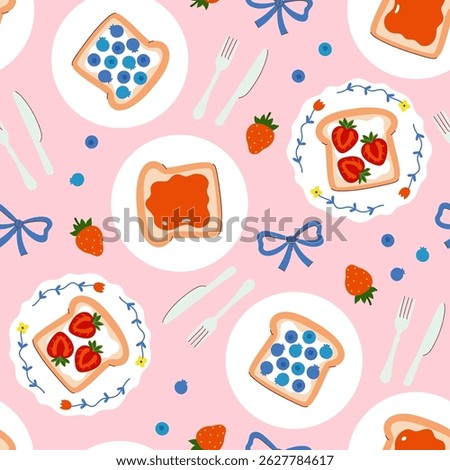 Seamless pattern with toasts with strawberries and blueberries. Vector graphics.