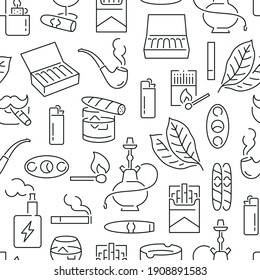 Seamless pattern with tobacco. Black and white thin line icons