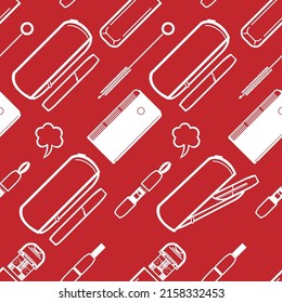 Patrón sin inconvenientes de calentadores de tabaco e iconos de accesorios. Antecedentes de un taller de venta de cigarrillos electrónicos. Ilustración vectorial. Pictograma de un cigarrillo electrónico con fondo rojo