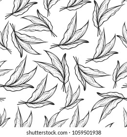 Seamless Pattern With Tobacco Leaves In Hand Drawing, Engraving, Vintage Style. Vector Illustration On White Background