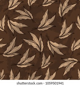 Seamless Pattern With Tobacco Leaves In Hand Drawing, Engraving, Vintage Style. Vector Illustration On Grunge Brown Background