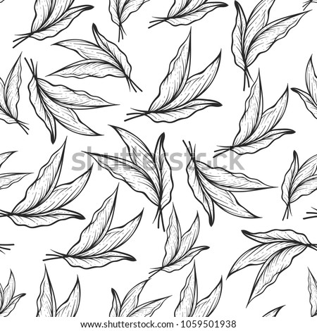 Seamless pattern with Tobacco leaves in hand drawing, engraving, vintage style. Vector illustration on white background