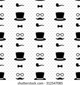 Seamless pattern with tobacco pipe, bow tie, hat, mustache and glasses on polka dots background. Hipster retro style vintage background. Black and white gentleman's set vector illustration.