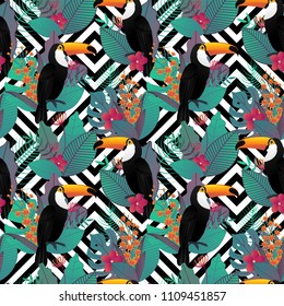 Seamless pattern with Toco toucan bird and tropical leaves and flowers on geometric background for printing and website design, wallpaper and textile fabric print. Vector illustration.