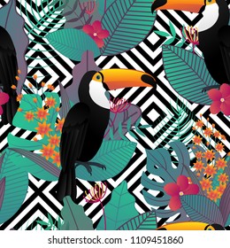 Seamless pattern with Toco toucan bird and tropical leaves and flowers on geometric background for printing and website design, wallpaper and textile fabric print. Vector illustration.