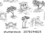 Seamless pattern in Toile de Jouy style with old architecture, black and white