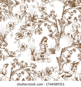 Seamless pattern in toile de Jouy style in brown color. Different hand-drawn compositions with women. Texture for ceramic tile, wallpapers, wrapping gifts, web page backgrounds. Vector illustration
