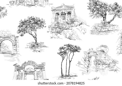 Seamless pattern in Toile de Jouy style with old architecture, black and white