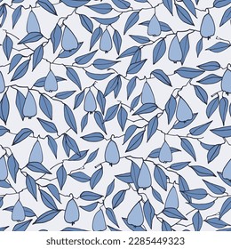 Seamless pattern in Toile de Jouy style with pears and leaves in blue colors on light-colored backgroud for surface design, textile, fabric, home decor, surface design, posters, illustrations